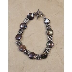 Vintage Celtic Sterling Silver 12mm Peacock Coin Pearl Bracelet 7¾" Toggle Clasp